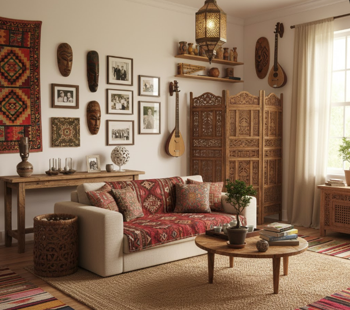 Traditional living room interior design featuring cultural decor, wooden furniture, and warm heritage-inspired aesthetics